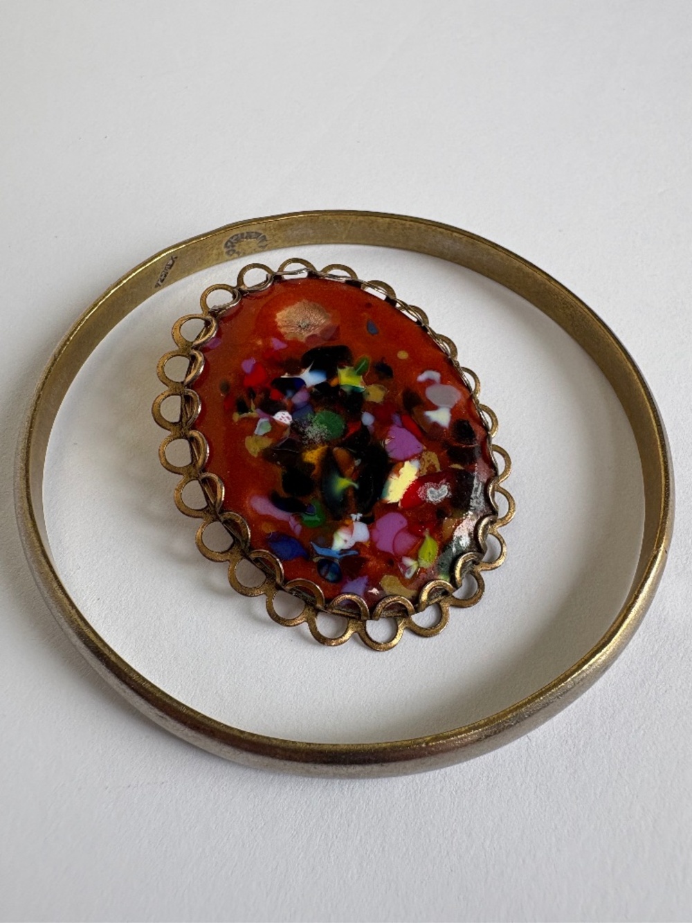Silver Bracelet and Vintage Enamel Brooch Set